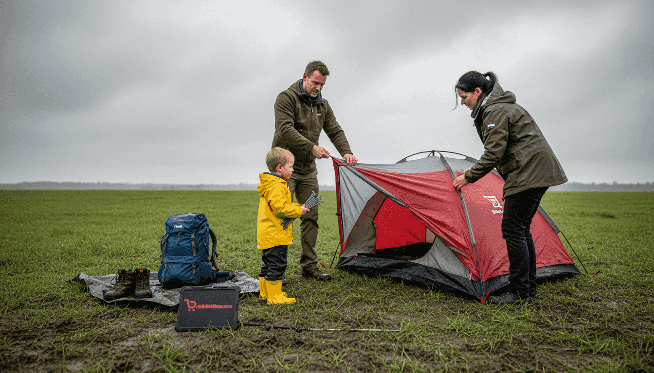 Een gezin dat midden in een typisch Hollands buitje samen een waterdichte tent opzet.