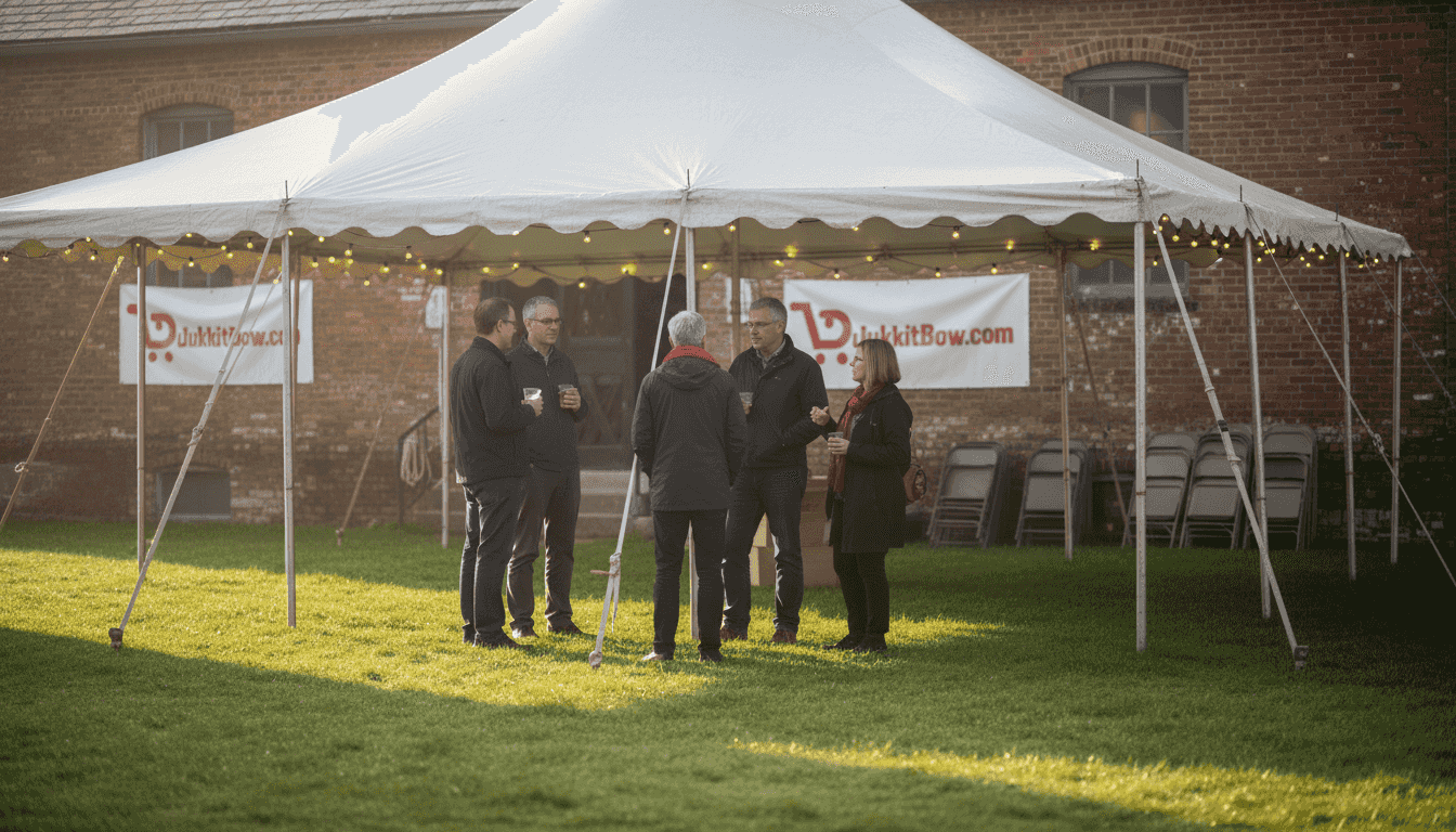 Een groep mensen verzamelt zich onder een feesttent.