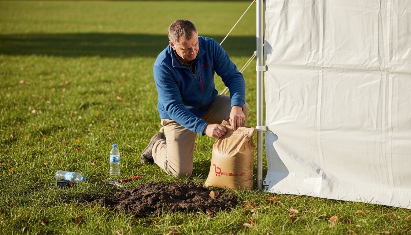 Man maakt partytent buiten stevig vast met een zandzak