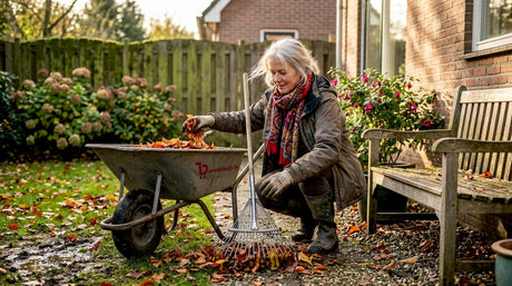 Vrouw maakt haar tuin klaar voor de winter bij het tuinbankje