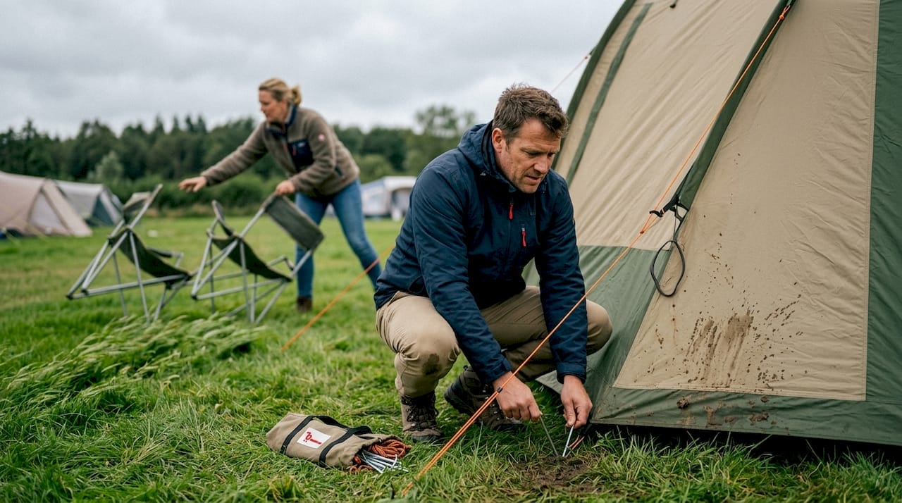 Man zorgt ervoor dat zijn tent stevig vaststaat tijdens een flinke windstoot.