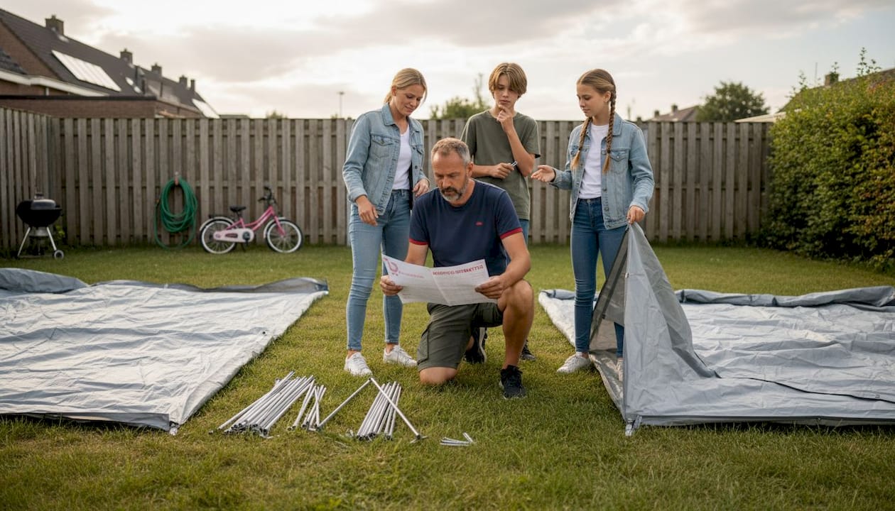 Gezin bekijkt verschillende partytenten voor in de tuin en vergelijkt de opties