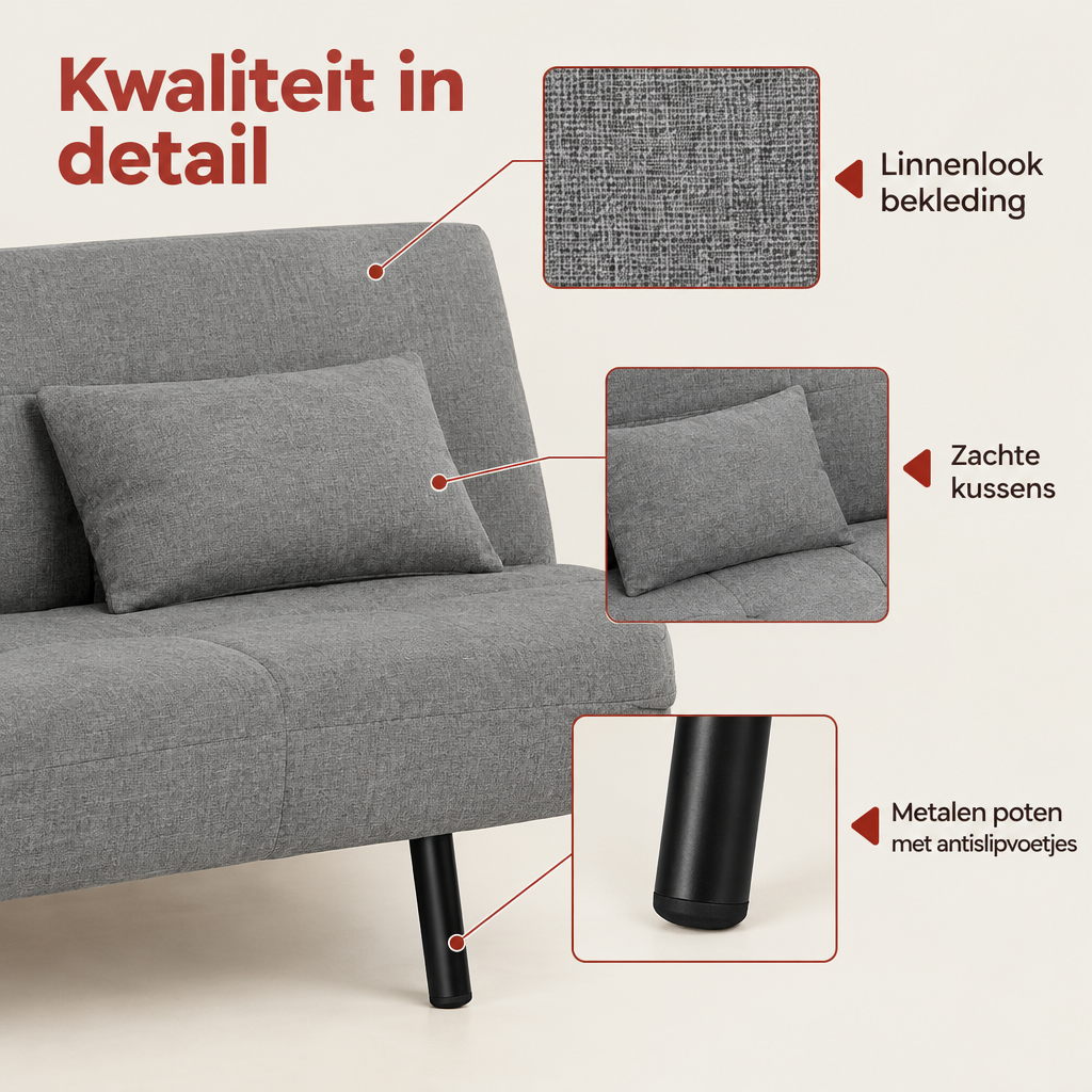 Detail van materiaal en afwerking van 2-zits slaapbank