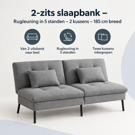 Twee-zits slaapbank van BukkitBow met verstelbare rugleuning in 5 standen, inclusief twee kussens en 185 cm breed.