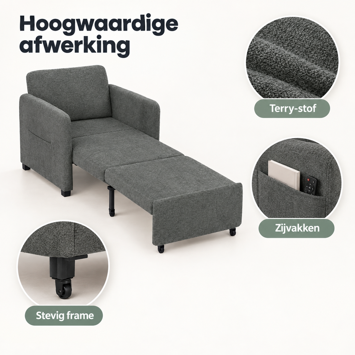 Grijze 3-in-1 slaapstoel van BukkitBow met 5 rugstanden, volledig uitgeschoven tot 235 cm, detail van het materiaal.