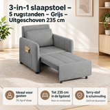 Grijze 3-in-1 slaapstoel van BukkitBow, uitgeschoven tot 235 cm, met 5 rugstanden voor optimaal comfort.