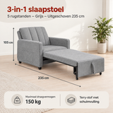 Grijze 3-in-1 slaapstoel van BukkitBow met 5 rugstanden, uitgeschoven tot 235 cm, geschikt als comfortabele zit- en slaapplek.