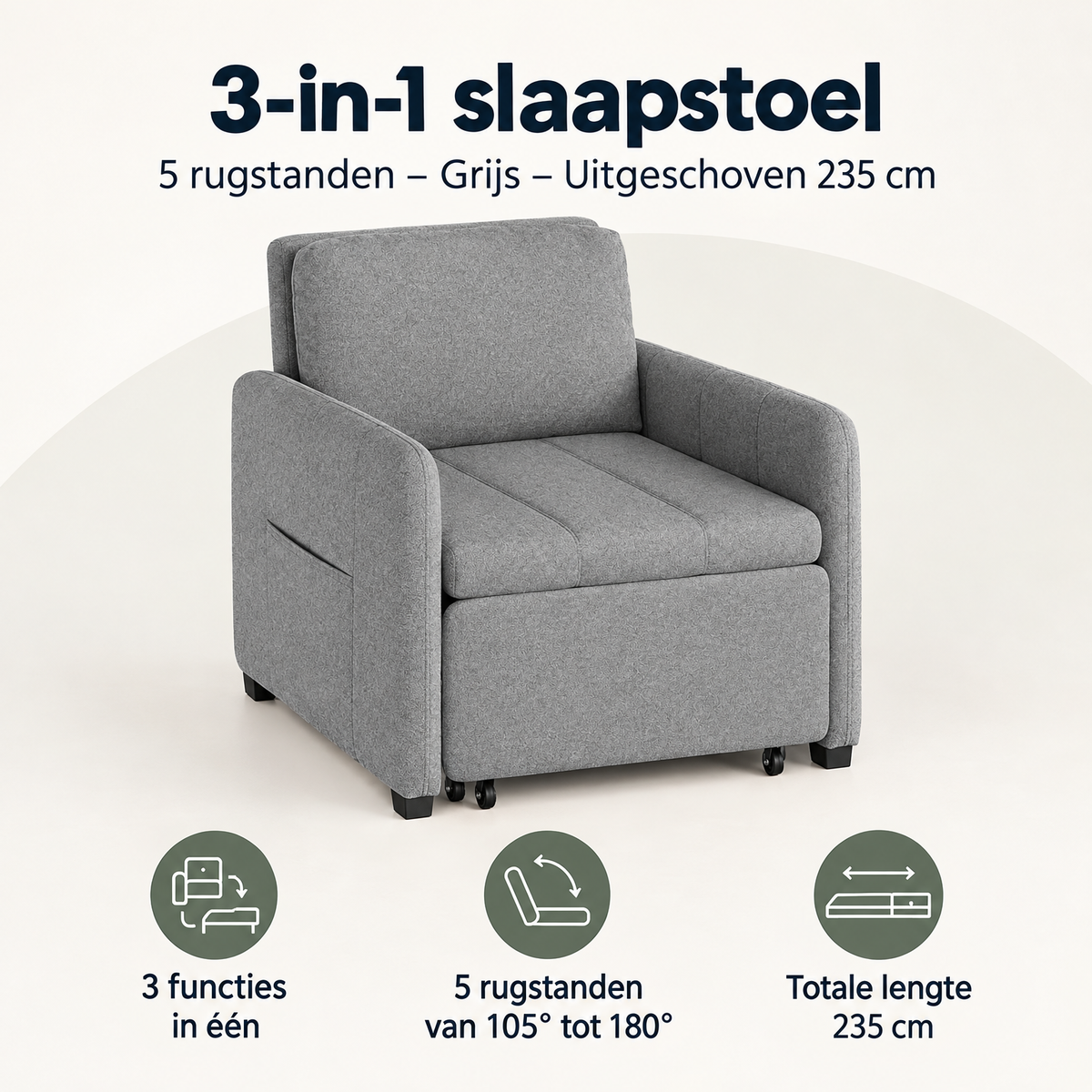 Grijze 3-in-1 slaapstoel van BukkitBow met 5 rugstanden, uitgeschoven tot 235 cm, overzicht van kernvoordelen.