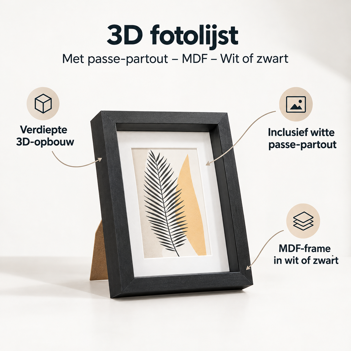 Witte of zwarte 3D fotolijst met passe-partout van MDF, geschikt voor het tonen van foto’s met diepte en stijl.