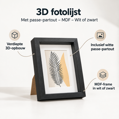 Witte of zwarte 3D fotolijst met passe-partout van MDF, geschikt voor het tonen van foto’s met diepte en stijl.