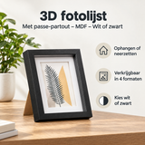 Witte of zwarte 3D fotolijst van MDF met passe-partout, geschikt voor het inlijsten van foto's en kunstwerken.