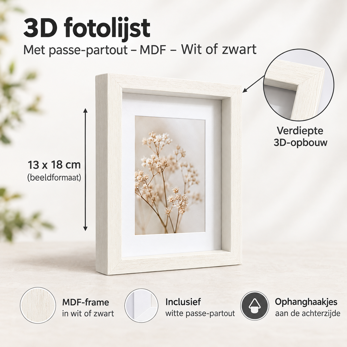 Witte of zwarte 3D fotolijst van MDF met passe-partout, geschikt voor het inlijsten van foto's en kunstwerken.