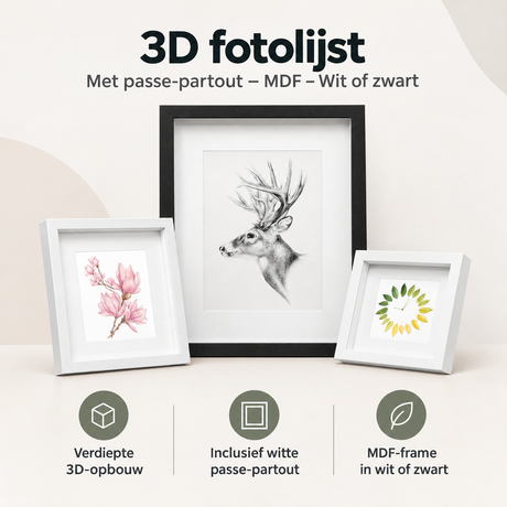 3D fotolijst van BukkitBow met passe-partout, MDF in wit of zwart, toont een frame met diepte voor foto’s en kunstwerken