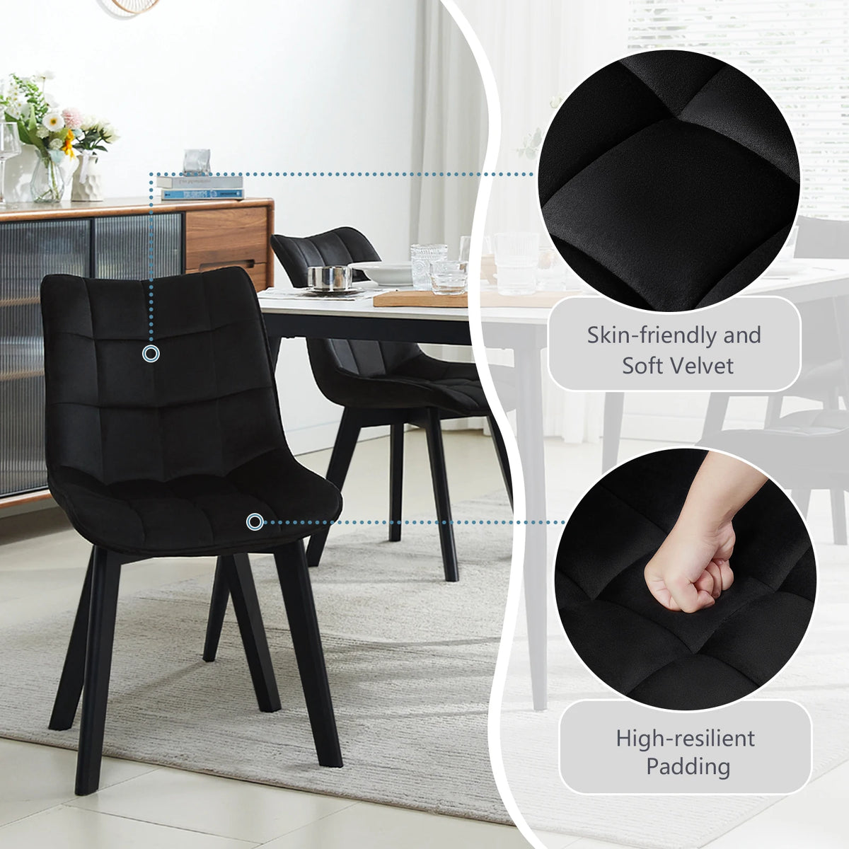 EUGAD 2PCS/SET Soft Velvet Dining Chairs with Backrest and Wooden Legs Upholstered Kitchen Chairs for Restaurant Living Room Bedroom Home