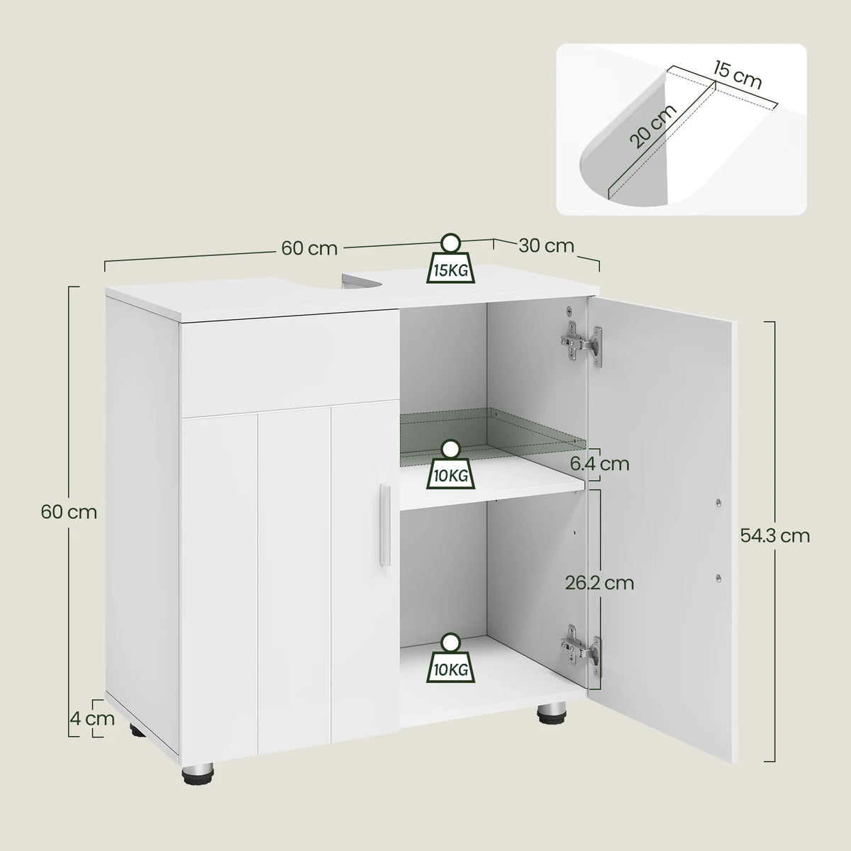EUGAD White Bathroom Cabinet Under Sink 60x60x30cm Storage Cupboard with 2 Doors Shelves Vanity Unit with Adjustable Divider
