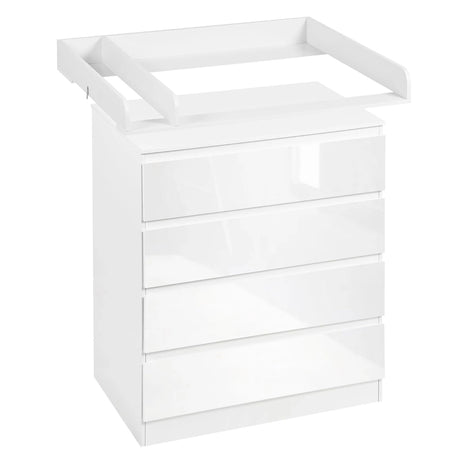 Witte babycommode van BukkitBow met 4 lades en afneembaar aankleedopzetstuk, 80 cm breed, stabiel en praktisch.