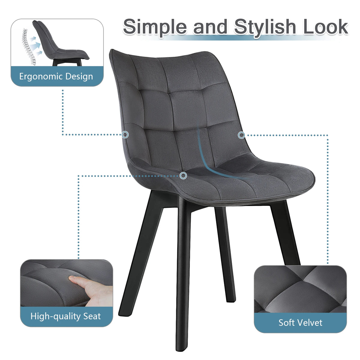 EUGAD 2PCS/SET Soft Velvet Dining Chairs with Backrest and Wooden Legs Upholstered Kitchen Chairs for Restaurant Living Room Bedroom Home