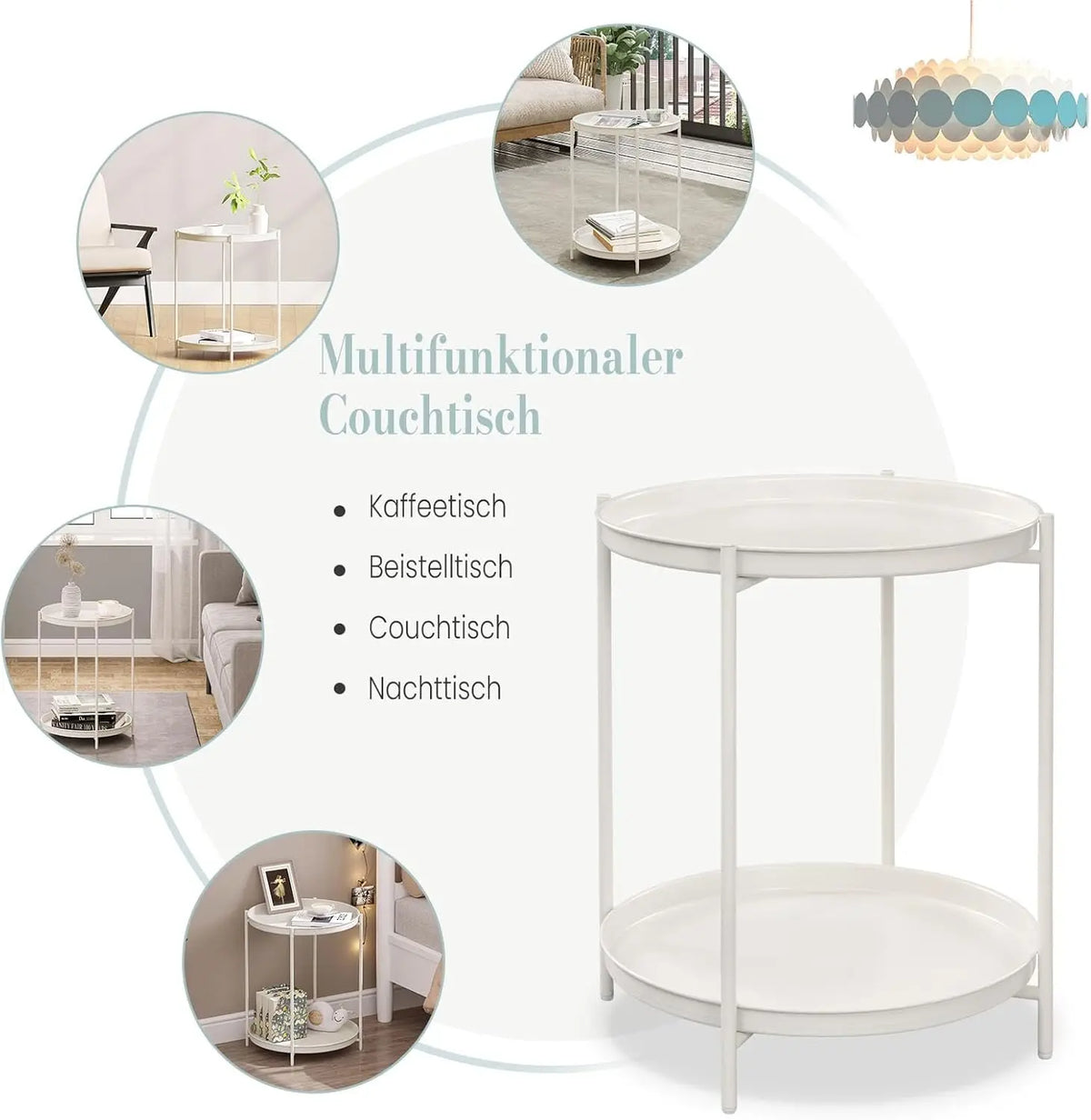 WOLTU Round Coffee Table Metal Side Table with Storage Space 2 Removable Trays Bedside Table for Living Room Bedroom Decor