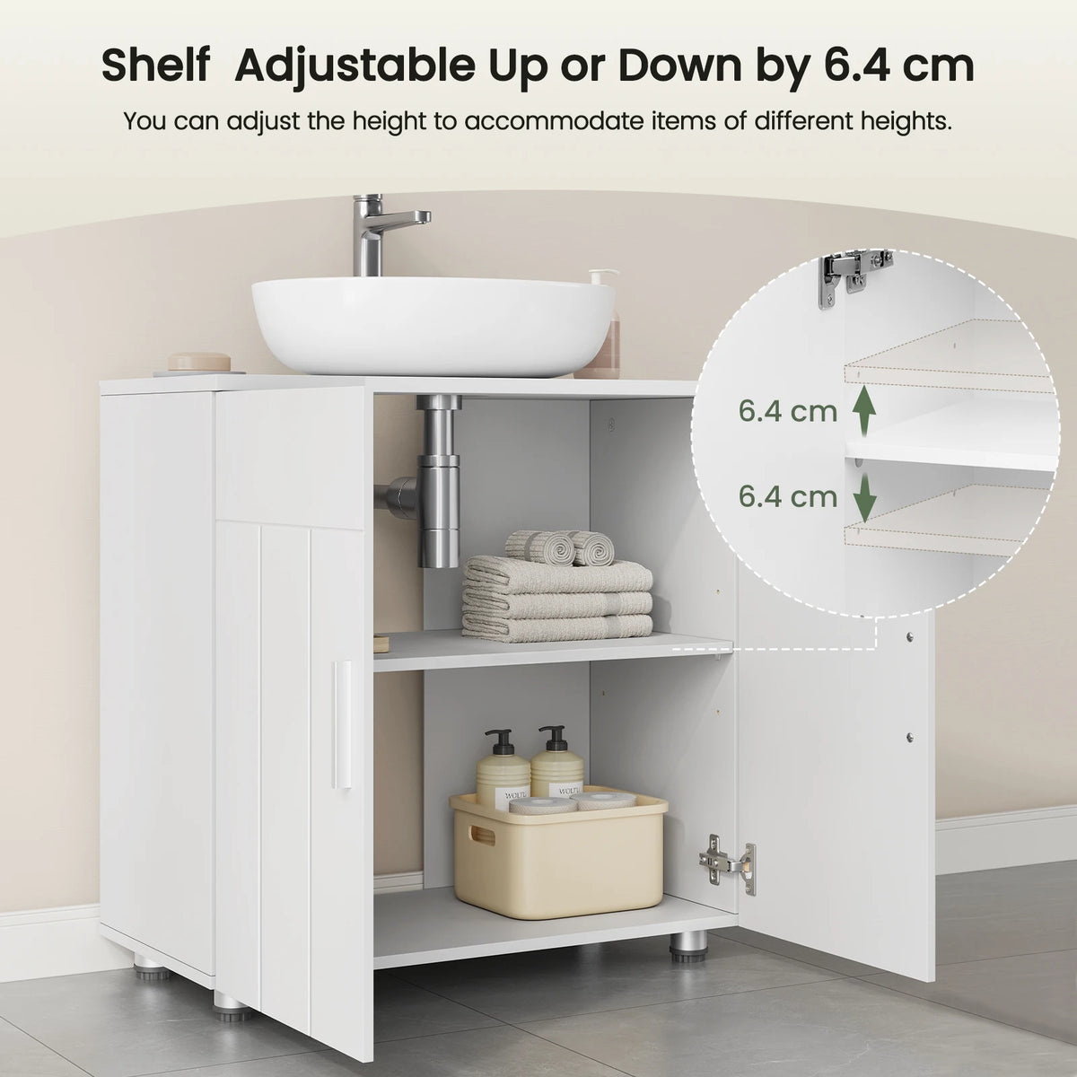 EUGAD White Bathroom Cabinet Under Sink 60x60x30cm Storage Cupboard with 2 Doors Shelves Vanity Unit with Adjustable Divider