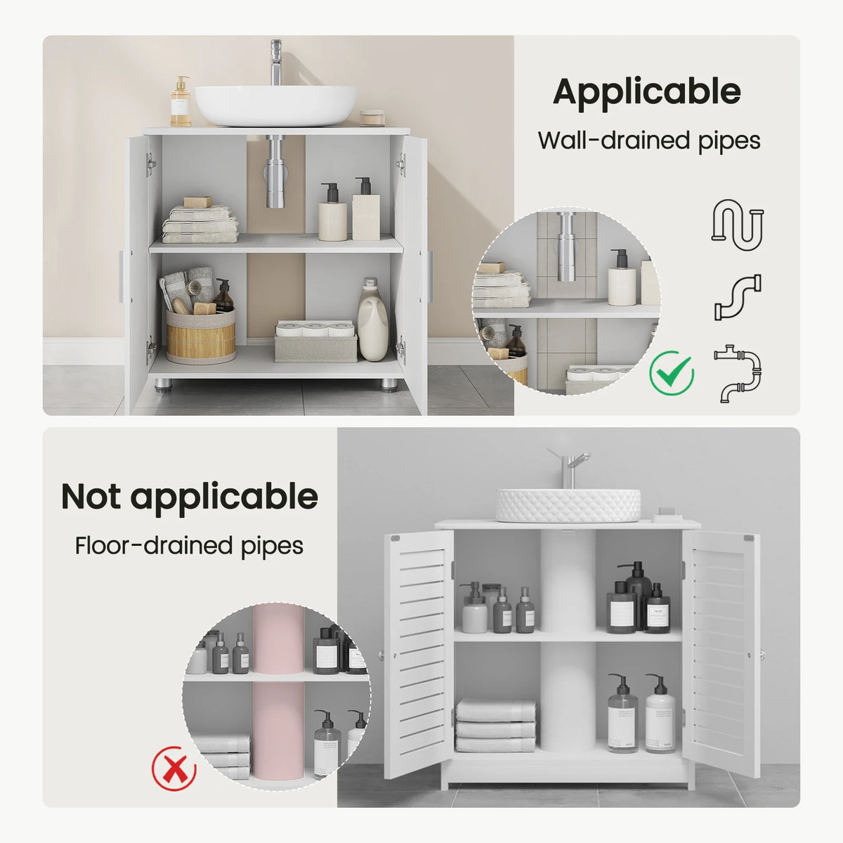 EUGAD White Bathroom Cabinet Under Sink 60x60x30cm Storage Cupboard with 2 Doors Shelves Vanity Unit with Adjustable Divider