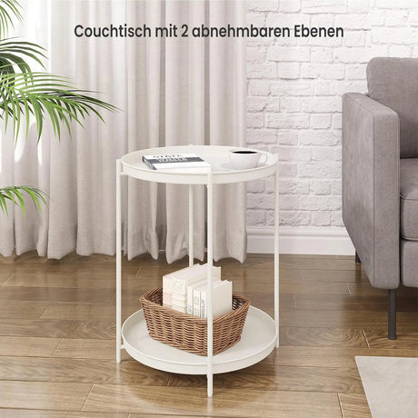 Ronde bijzettafel van BukkitBow met metalen frame en twee afneembare dienbladen, afmetingen 44x53 cm, in zwart.