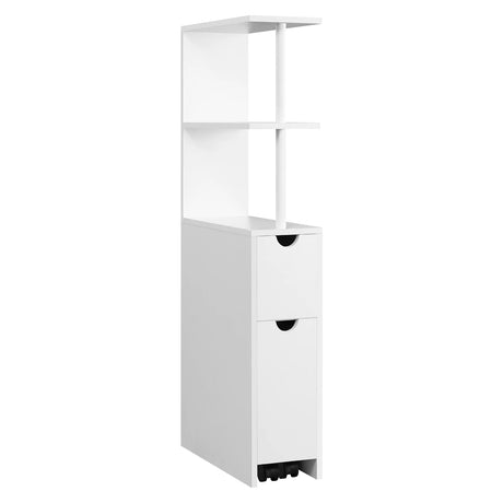 Smalle badkamerkast van BukkitBow, 19 cm breed, met lade op wielen, beschikbaar in wit of grijs, geschikt voor compacte badkamers