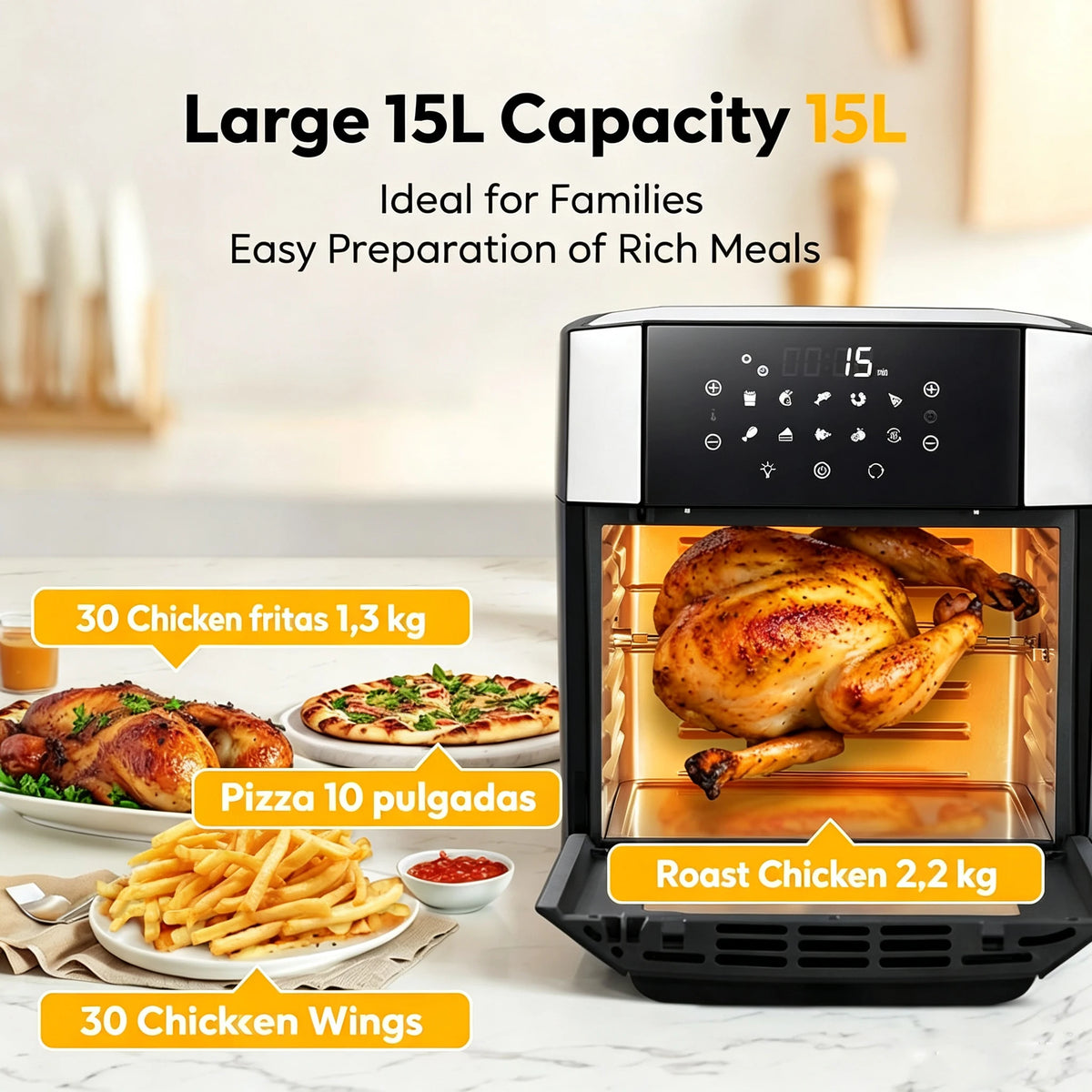 LLIVEKIT 15L Air Fryer with Visual Window 10 Functions 7 Accessories LED Touch Screen and Convection Rotation Function Oil-Free Fryer for Family