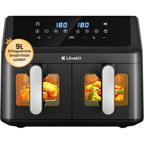 Dubbele BukkitBow airfryer van 9 liter met twee lades van 4,5 liter, Sync Finish, voor snel en gezond koken.