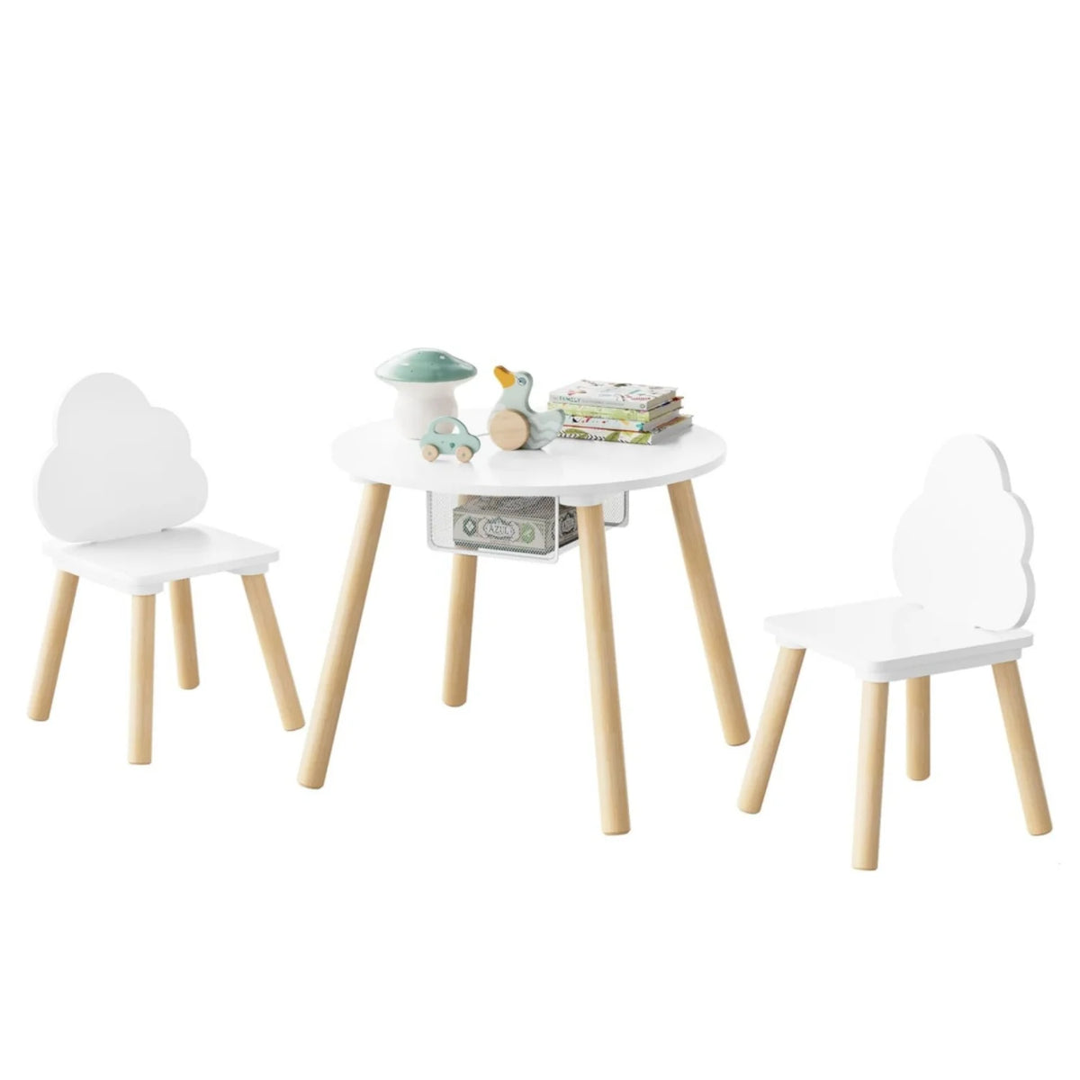WOLTU Children's Table with 2 Chairs Cloud Backrest Solid Wood Legs for Toddlers Preschoolers Reading Food Storage