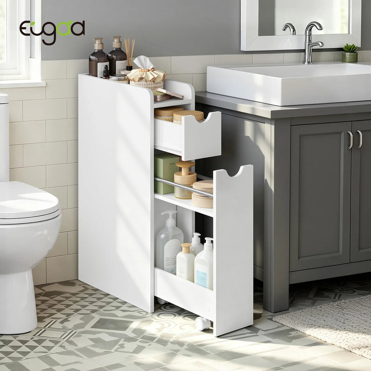 EUGAD White Narrow Bathroom Cabinet with Wheels Space-Saving Storage for Small Spaces 2 Roll-Out Drawers & Anti-Tip Design