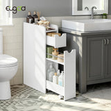 EUGAD White Narrow Bathroom Cabinet with Wheels Space-Saving Storage for Small Spaces 2 Roll-Out Drawers & Anti-Tip Design