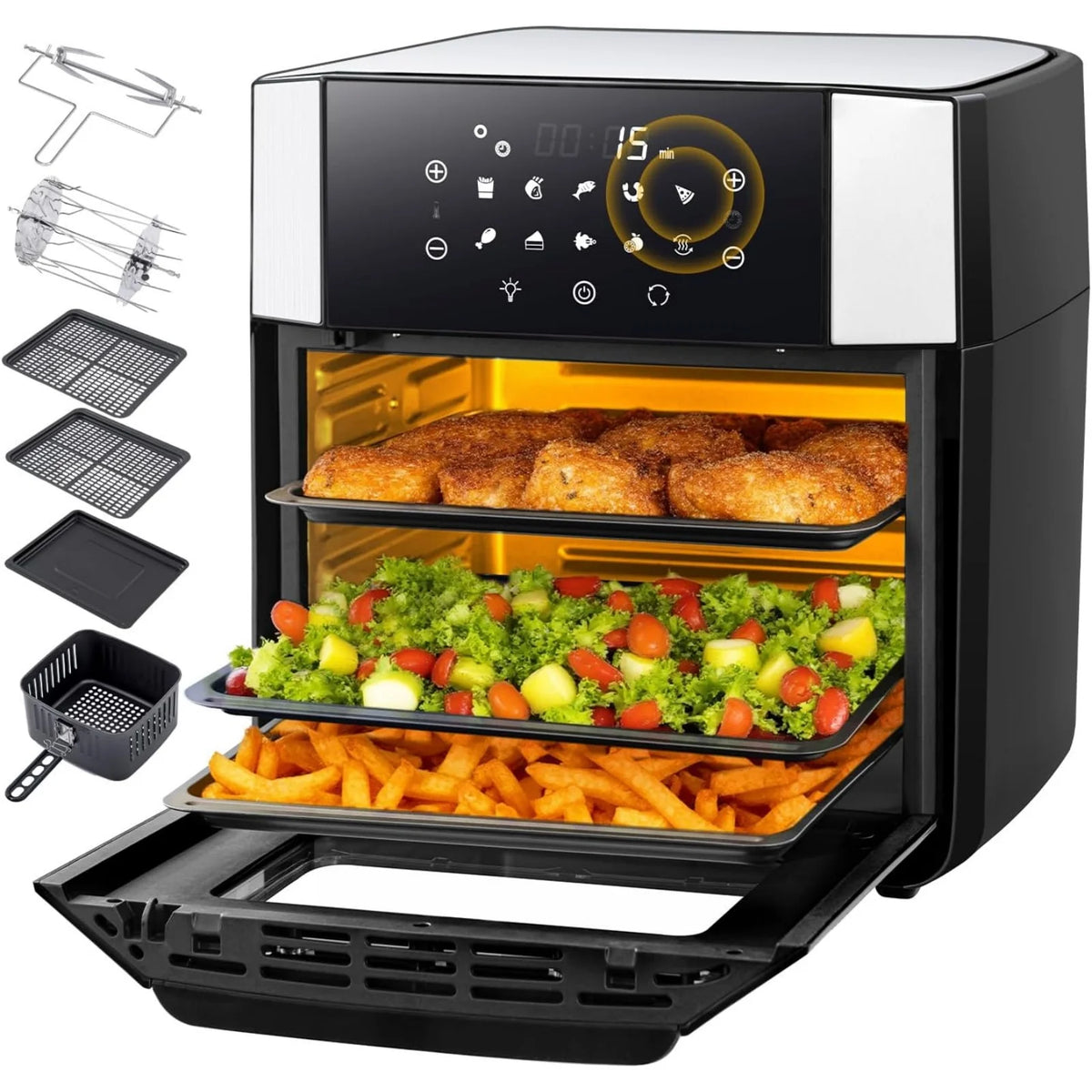 LLIVEKIT 15L Air Fryer with Visual Window 10 Functions 7 Accessories LED Touch Screen and Convection Rotation Function Oil-Free Fryer for Family