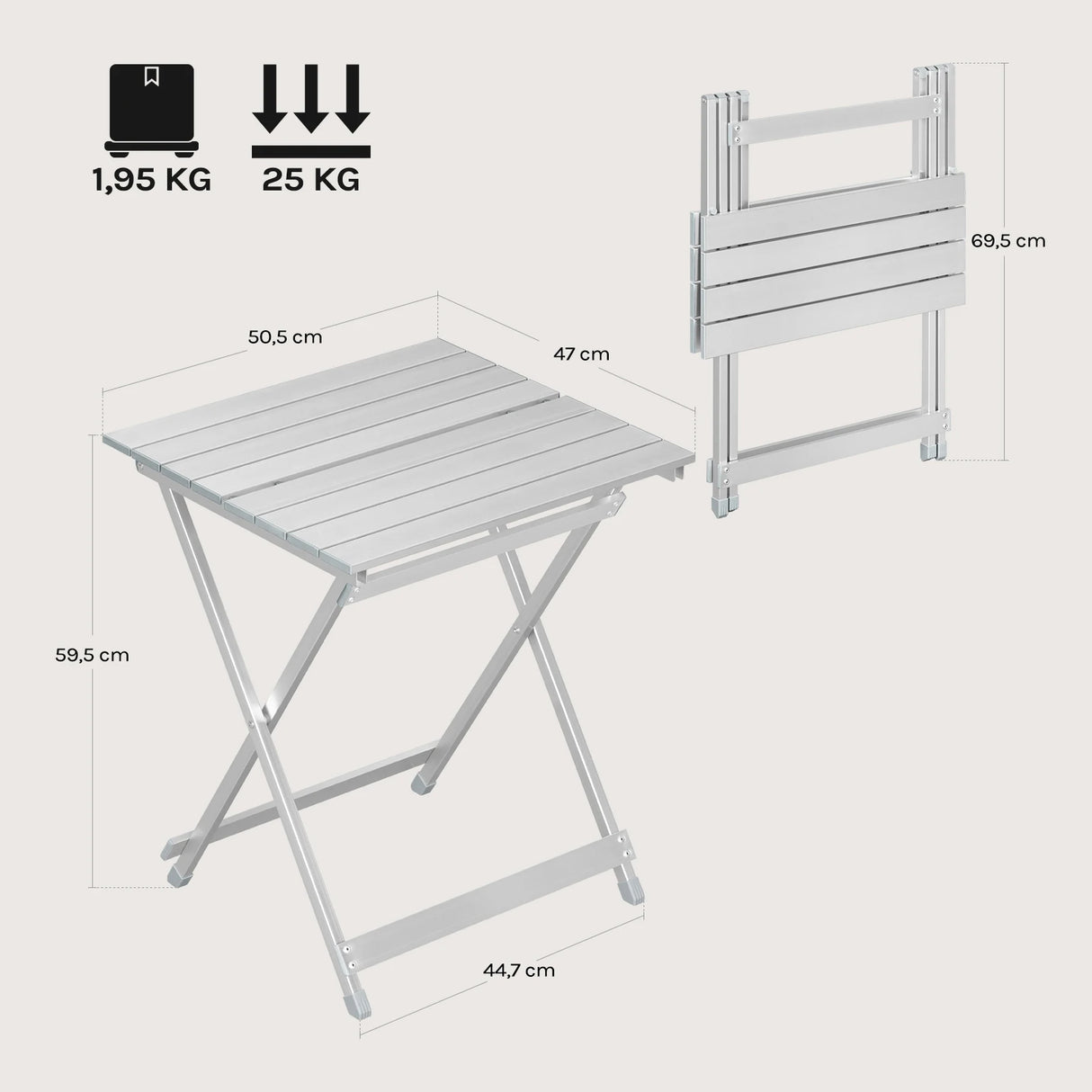 Lichtgewicht aluminium campingtafel van BukkitBow, opvouwbaar en ideaal voor kamperen, zichtbaar in het beeld.