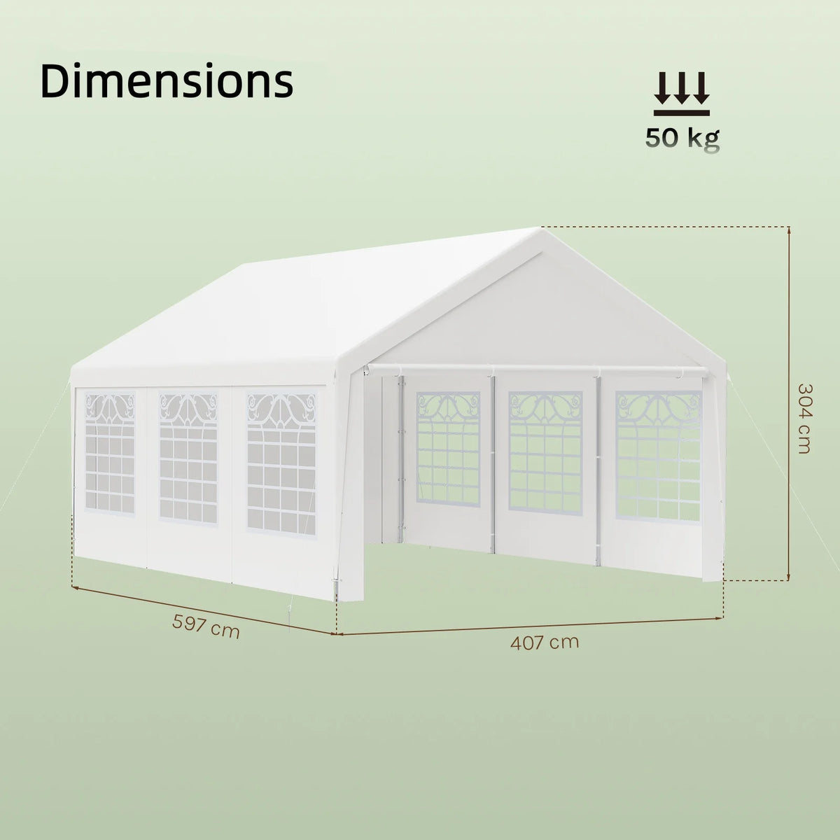 Maattekening van de witte partytent van 4 x 6 m: 407 cm breed, 597 cm lang en 304 cm hoog