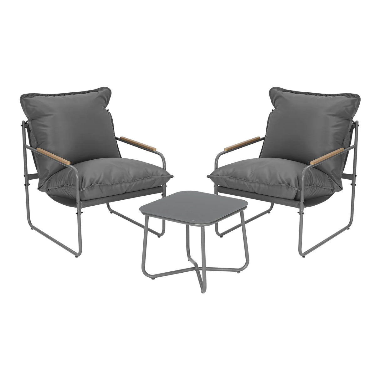 Moderne BukkitBow balkonset met glazen tafel en 2 bijpassende stoelen, ideale 3-delige tuinset voor buitengebruik.