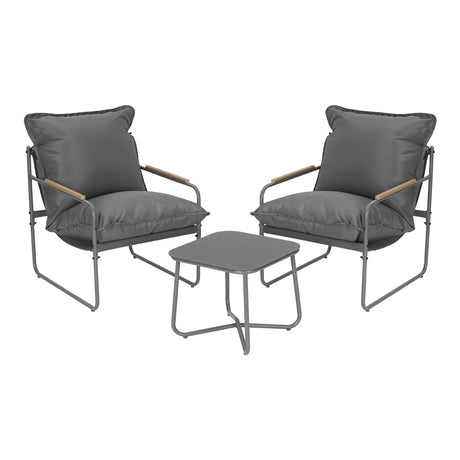 Moderne BukkitBow balkonset met glazen tafel en 2 bijpassende stoelen, ideale 3-delige tuinset voor buitengebruik.