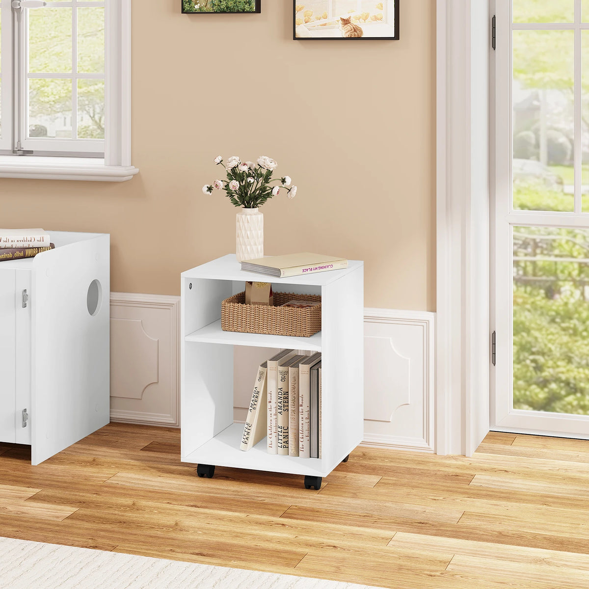EUGAD Bedside Table Mobile Nightstand Office Cabinet with Wheels Brakes and 2 Open Compartments Printer Table Coffee Table for Bedroom Living Room 40x55x35 cm