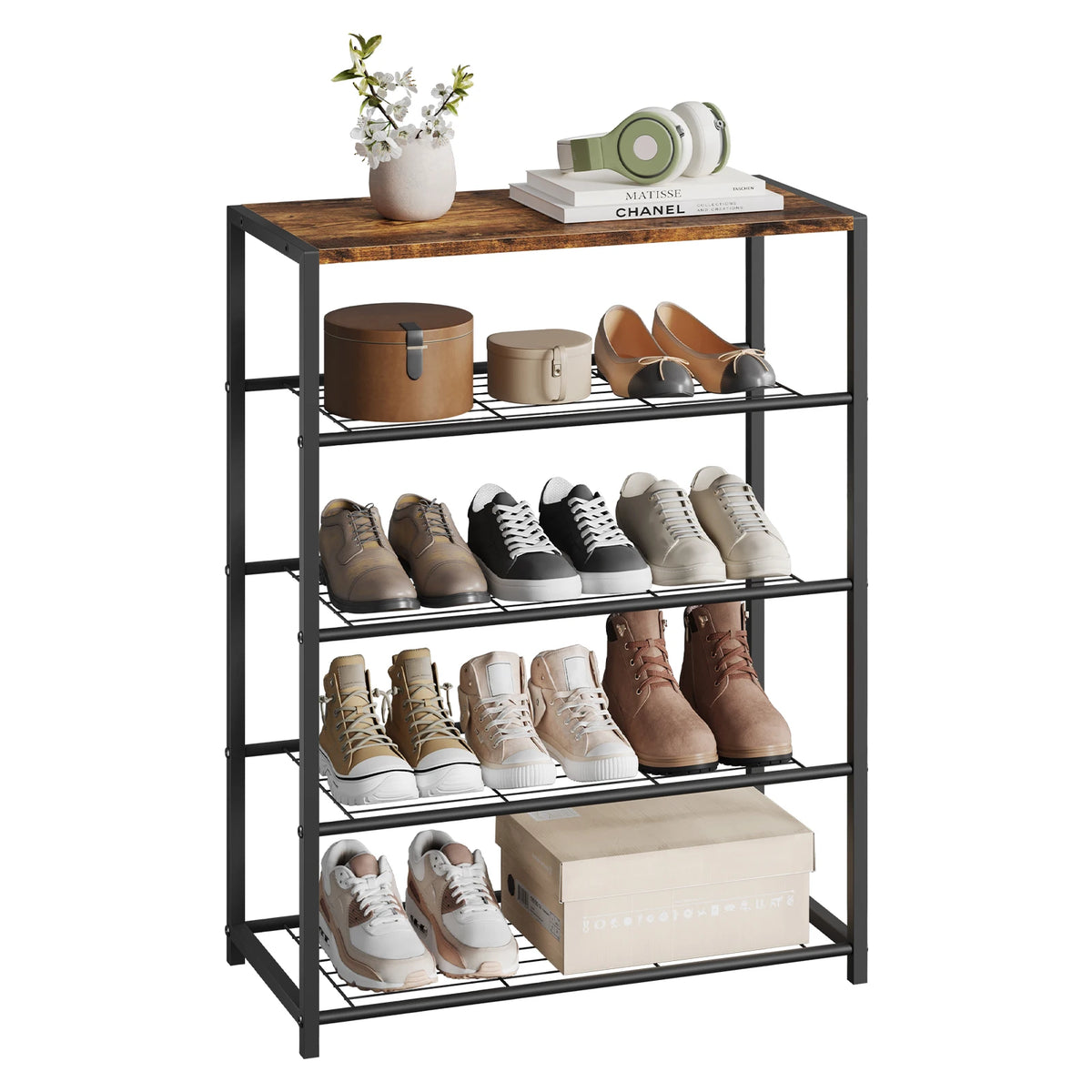 Schoenenrek met zitbank, zwart frame en bruin bovenblad, gevuld met schoenen en een schoenendoos