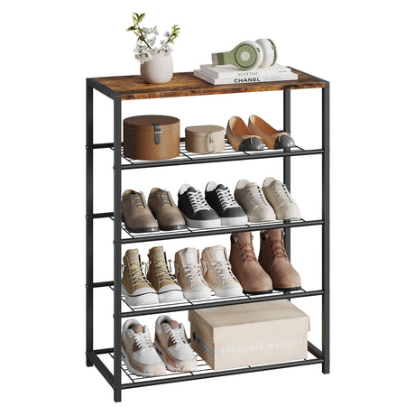 Zwart stalen schoenenrek met zitbank, 4 lagen, afmetingen 63x30x87 cm, BukkitBow, praktische opberger met zitplaats