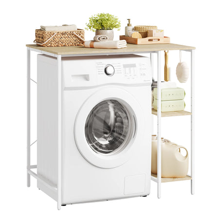 Wasmachinerek van BukkitBow met licht eiken en wit, 2 zijplanken, 2 haken, afmetingen 90x60x91 cm, voor wasmachine en opbergruimte.