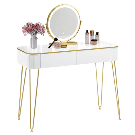 Witte kaptafel met spiegel, verlichting en twee lades, van BukkitBow, met goudkleurige details en elegante uitstraling