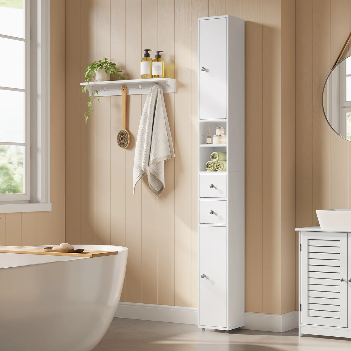 EUGAD Narrow Tall MDF Bathroom Cabinet 20x180x20cm Bath Organizer Adjustable Shelves Moisture Resistant Anti-Tilt Space Saving Storage