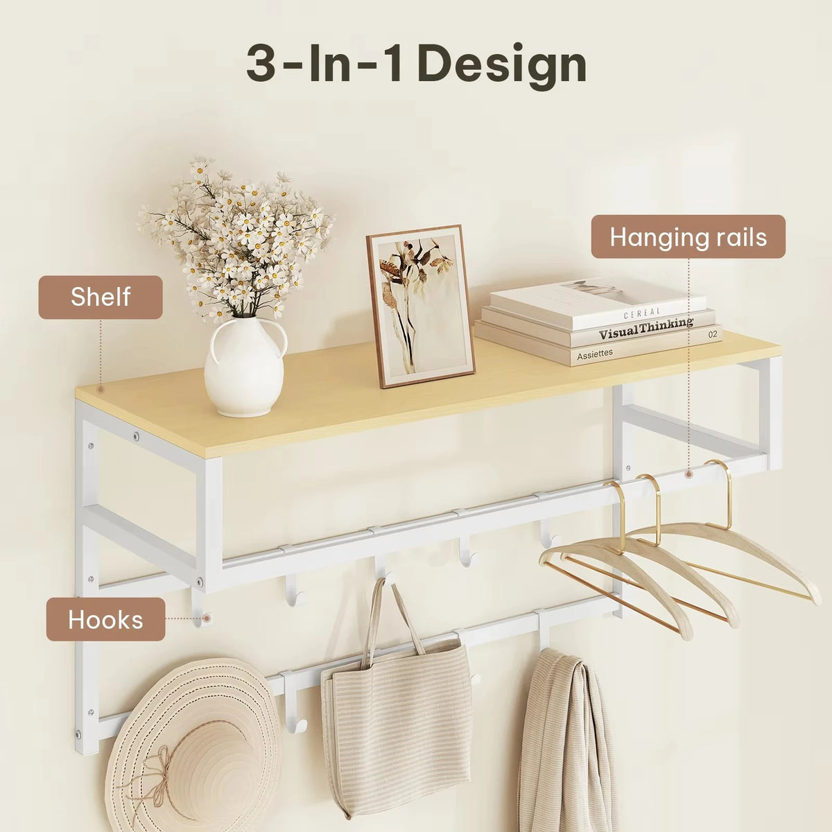 Coat Rack Wall Mounted Towel Rack with Shelf Clothes Rail with 10 Hooks for Bathroom Kitchen Home Storage Organizer 80x30x41cm
