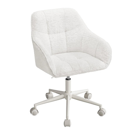 Witte BukkitBow bureaustoel van chenille met wieltjes en verstelbare zithoogte, ideaal voor comfortabel werken.
