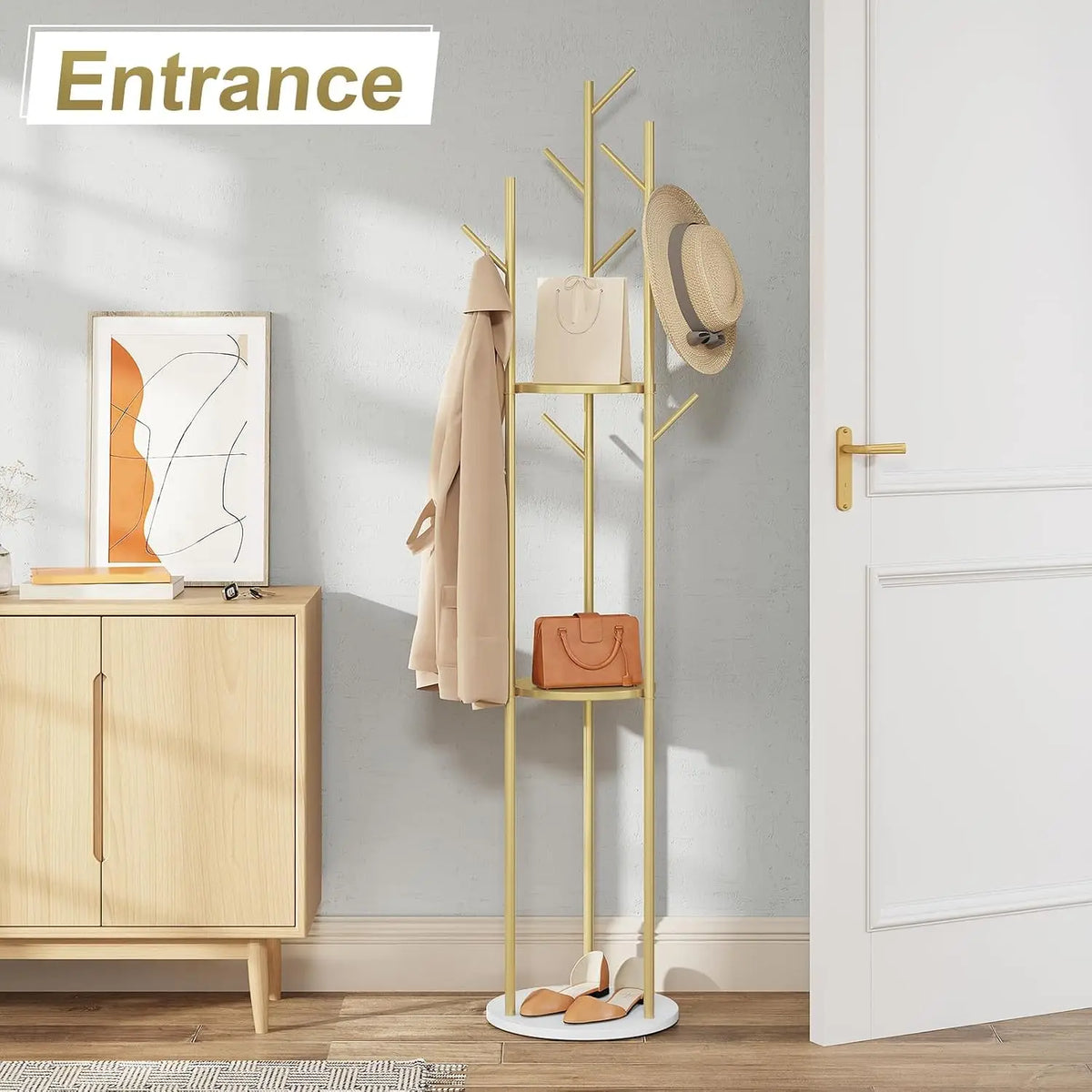 Standing Metal Tree Shape Clothes Rack Coat Rack with Marble Base 3 Shelves and 9 Hooks for Clothes Bags Hats