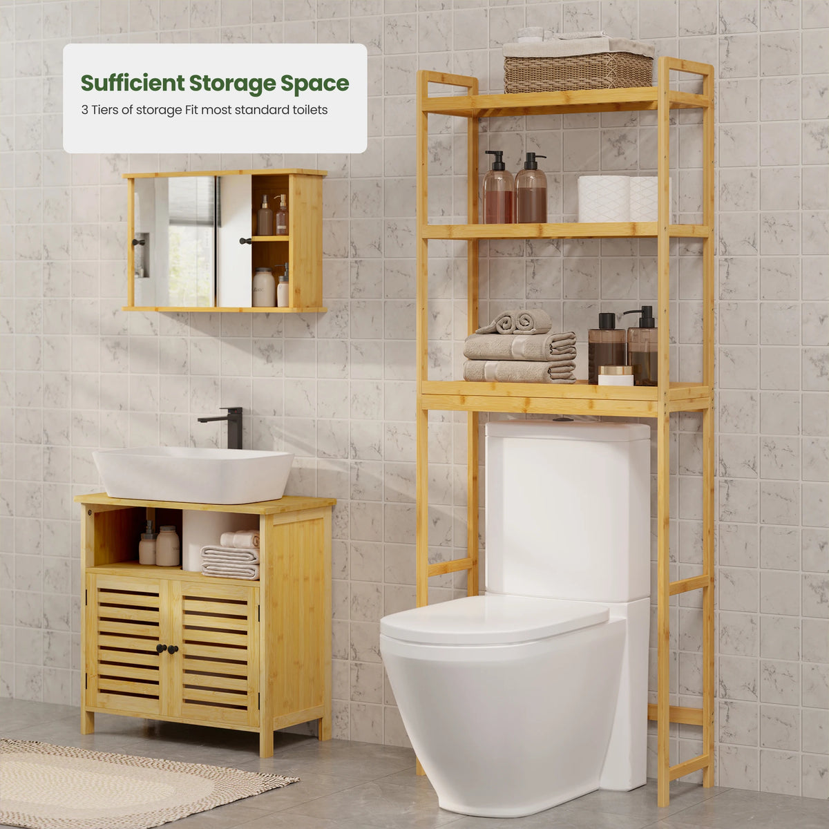 EUGAD Bamboo Bathroom Shelf Washing Machine Unit Over Toilet Shelf with 3 Adjustable Shelves Narrow Bathroom Cabinet for Bathroom Laundry Room