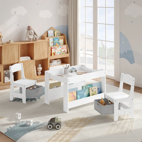 Witte kindertafel met 2 stoelen, omkeerbaar krijtbord en opbergruimte van BukkitBow, geschikt voor kinderen.