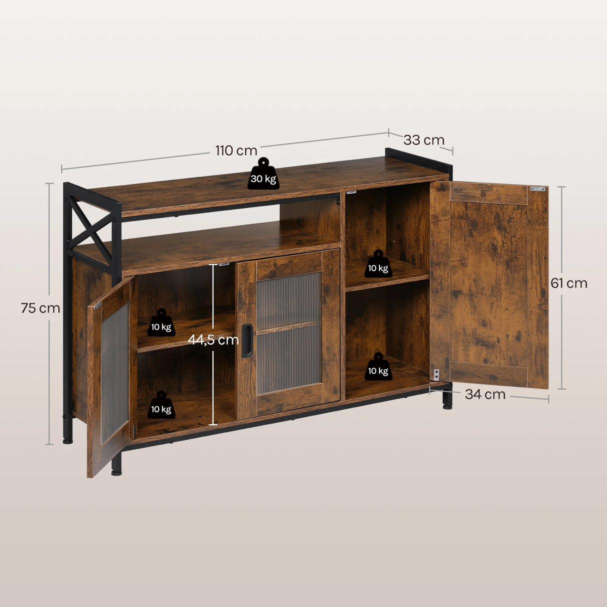 Industrieel BukkitBow Dressoir met verstelbare planken, keukenkast met houten en metalen details, zwart afwerking, moderne stijl