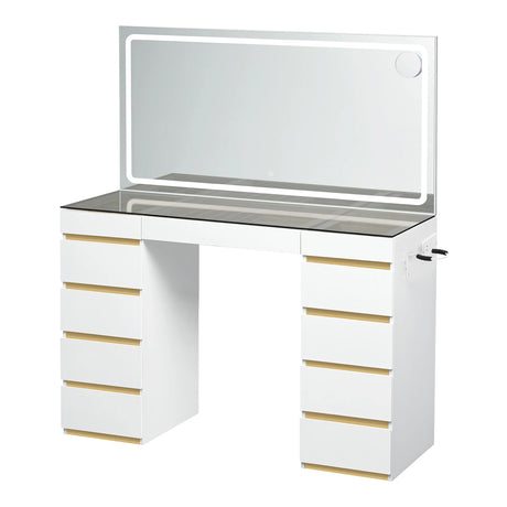 Kaptafel met LED-spiegel, 11 lades, glazen blad, stopcontact en USB-poort, door BukkitBow, stijlvolle en functionele make-up tafel