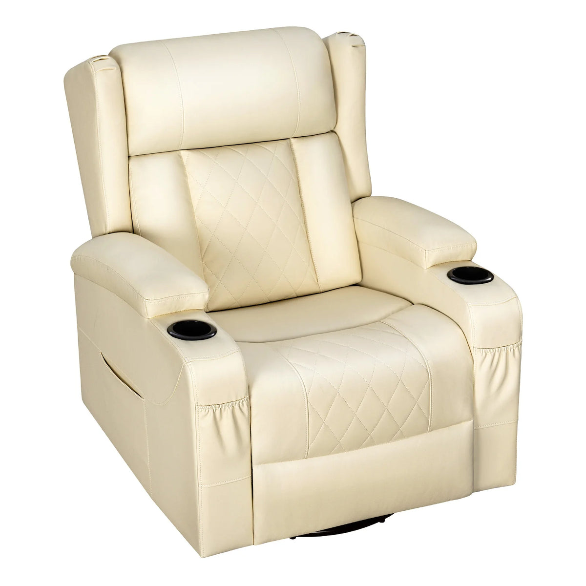 Beige draaibare relaxfauteuil met gestikte rugleuning, twee bekerhouders en opbergvakken
